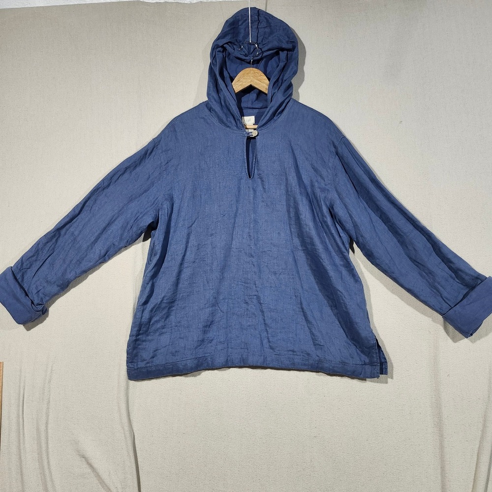 J Jill Blue 100% Linen Hooded Tunic Top Petite Large Cotton Lined Coastal Hoodie
